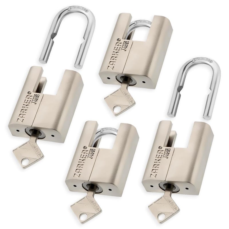 Zarker J45S keyed Alike Padlocks, Heavy Duty Stainless Steel Shackle Lock, 12 Keys, Waterproof and Rustproof Storage, Warehouses, Garage, Outdoors, 4-Pack - Image 1